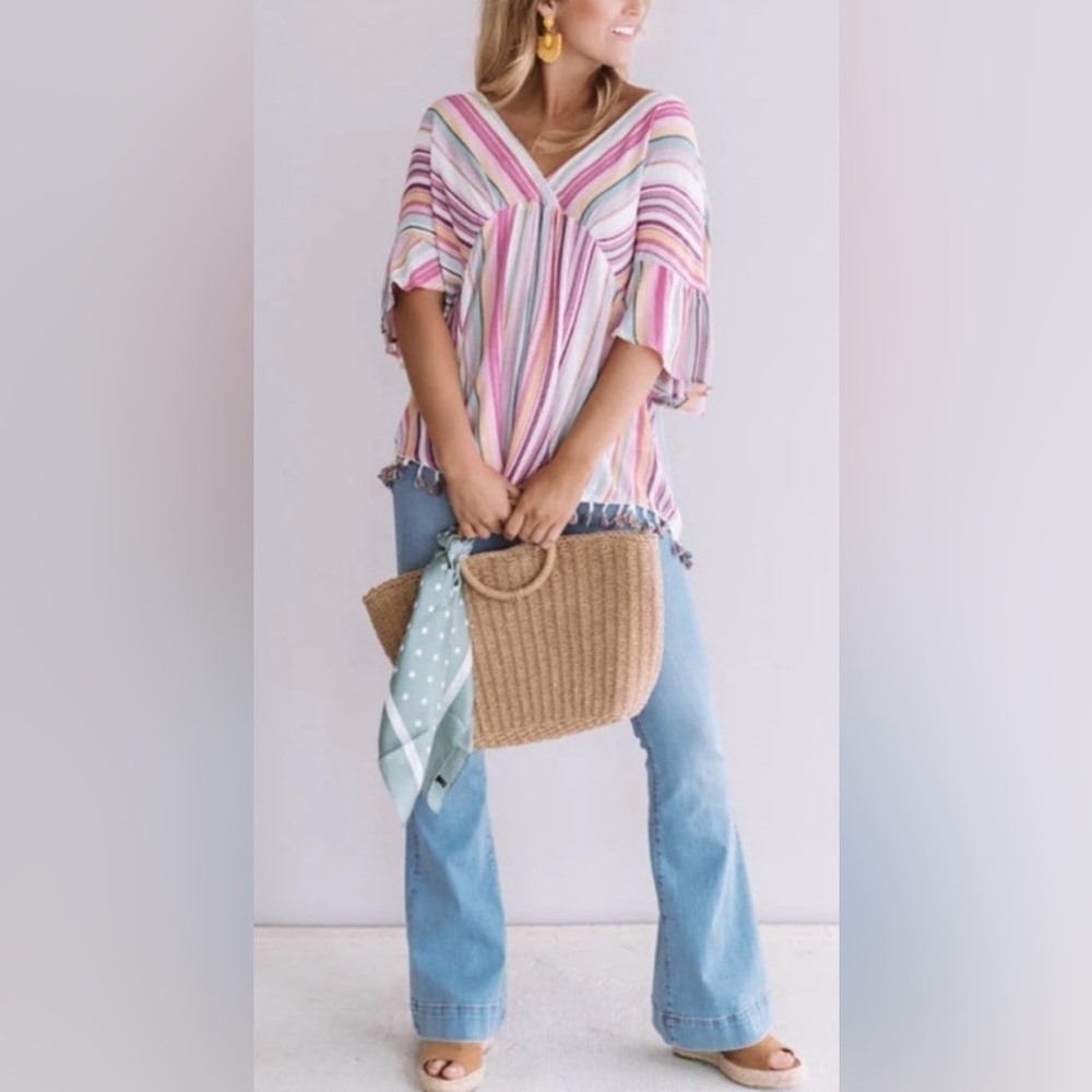Kori Multicolor Striped Tunic Tassels Lightweight Summer Resort  Size Medium - Picture 2 of 15